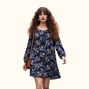 Angie Boho Navy Blue Floral Tie-Neck Tunic Mini Dress Size L